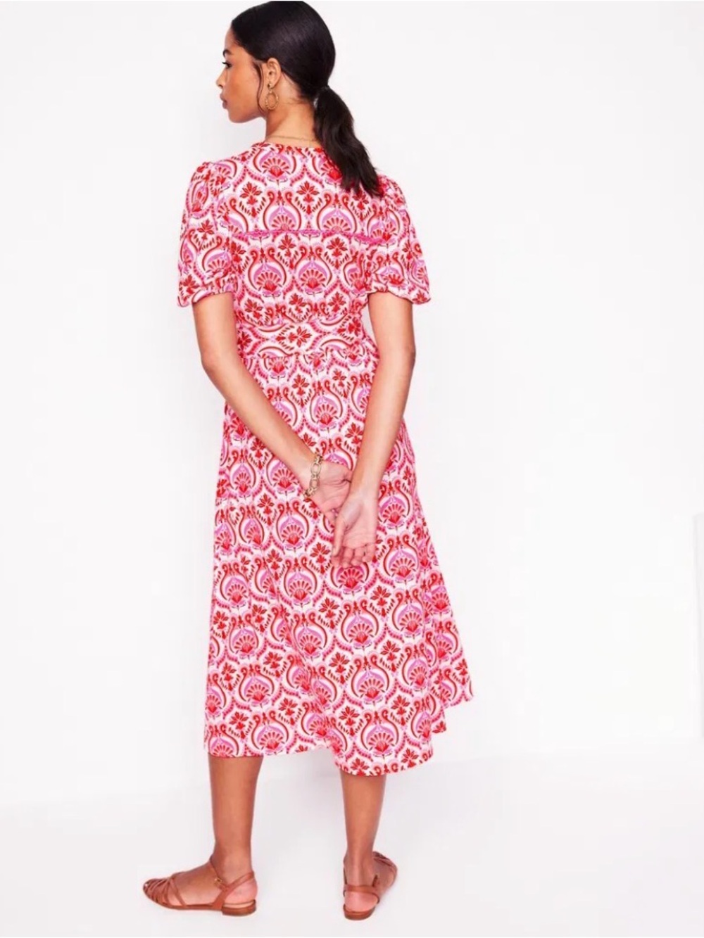 Boden Sofia Trim Jersey Midi Dress Pink Red Floral Botanical 6 Petite NWOT - Picture 3 of 14
